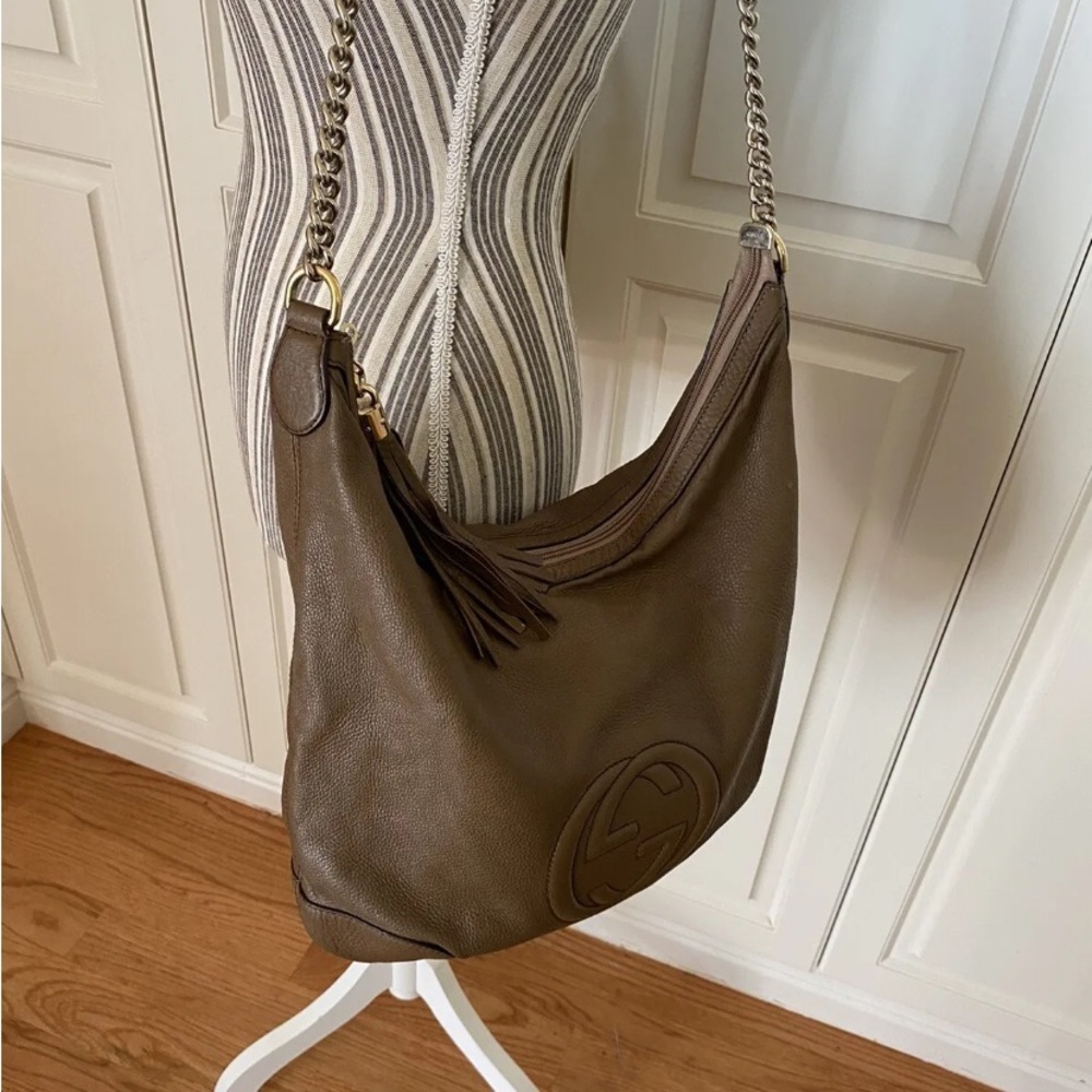 Gucci Soho Chain Hobo Leather Medium Taupe Light Brown Pebbled Leather P - Picture 6 of 12